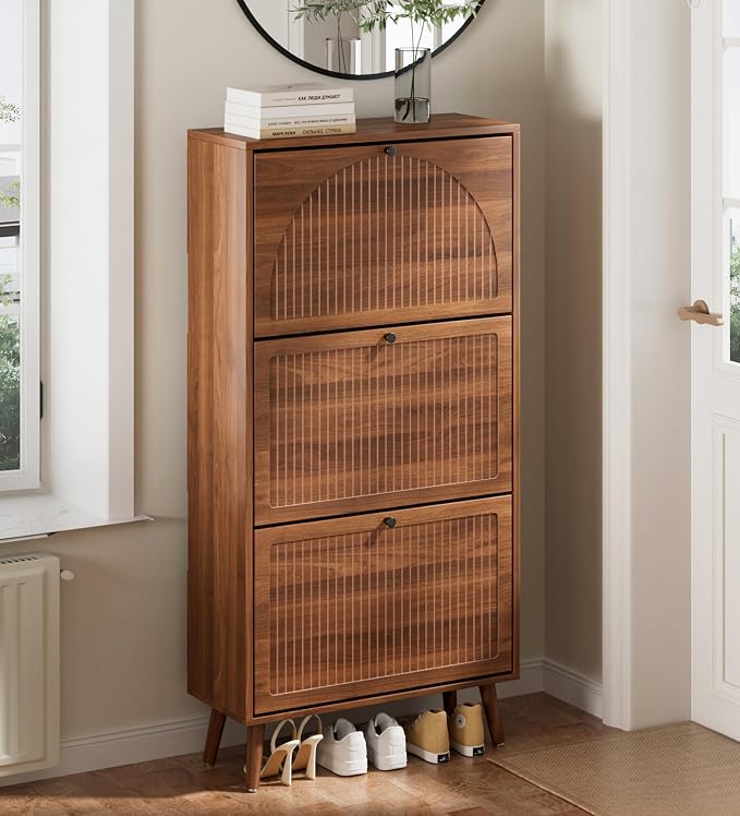 Fsbecl Shoe Storage Cabinet for Entryway with 3 Flip Drawers, Narrow Shoe Organizer with Fluted Panel, Freestanding Wood Hidden Shoe Cabinet for Hallway (Walnut, 23.6''W, Double Layer) by Fsbecl