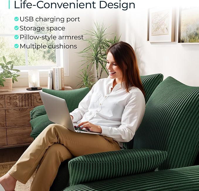 LINSY HOME Sectional Loveseat Sofa with Pull Out Chaise (Green, 62.5'') | USB Charging, Pillow-style Armrest, Multiple Cushions, Side Storage Pockets, Corduroy Fabric