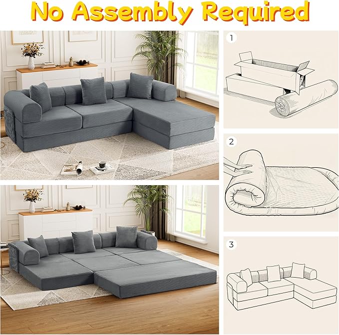 106.3" L Shape Convertible Sleeper Sofa Bed, Oversized Modular Sectional Cloud Sofa with Fixed-Shape Frame & Storage Pocket, Boneless Couch for Living Room, No Assembly Required, Dark Gray