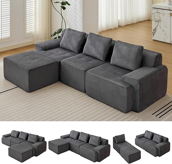 Modular Sectional Sofa, 6 Seat Modular Couch, Modular Sofa with Deep Seat and Detachable Pillow (Grey, 4 Pieces-L Shape)