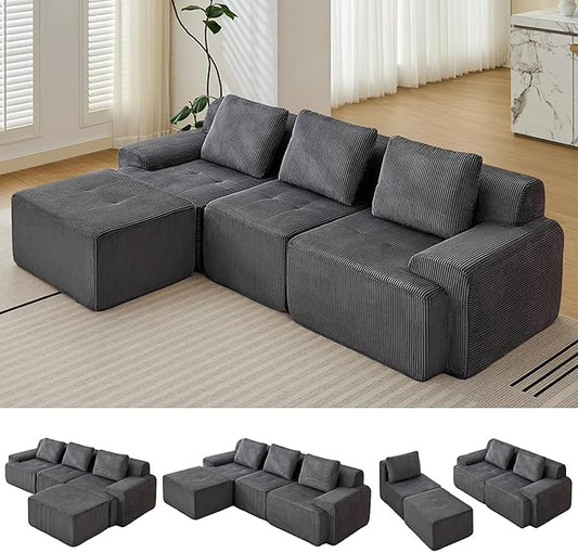 Modular Sectional Sofa, 6 Seat Modular Couch, Modular Sofa with Deep Seat and Detachable Pillow (Grey, 4 Pieces-L Shape)