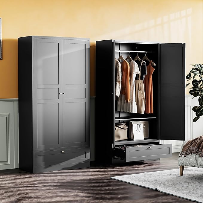 SISESOL Metal Wardrobe Cabinet with Drawer,Armoire Wardrobe Closet with Doors,Black Metal Clothing Storage Cabinet with Adjustable Shelves and Hanging Rod for Home,Bedroom Armoires