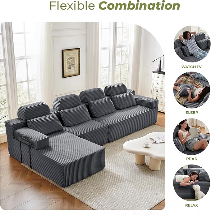 136" L-Shaped Cloud Modular Sectional Sofa with Chaise & Headrest, Boneless Deep Seat Plush Corduroy Couches for Large Living Room, No Assembly Required (Dark Gray, 136" L-shapred Chaise)