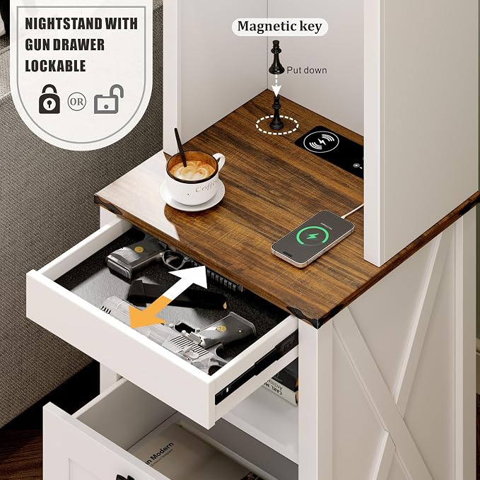 FREDEES Tall Nightstand with Charging Station, Bedside Table with Drawers & Adjustable Shelf, LED Night Stand with Gun Drawer, Farmhouse End Table for Bedroom, Antique White - Image 7