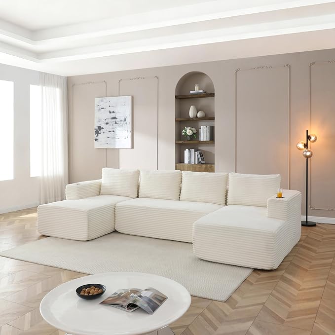 132-Inch U-Shaped Cloud Sectional Couch, Symmetrical Modular Compressed Boneless Sectional Sofa with Chaise Lounges, Plush Corduroy Boneless Corner Sofa W/Cupholders