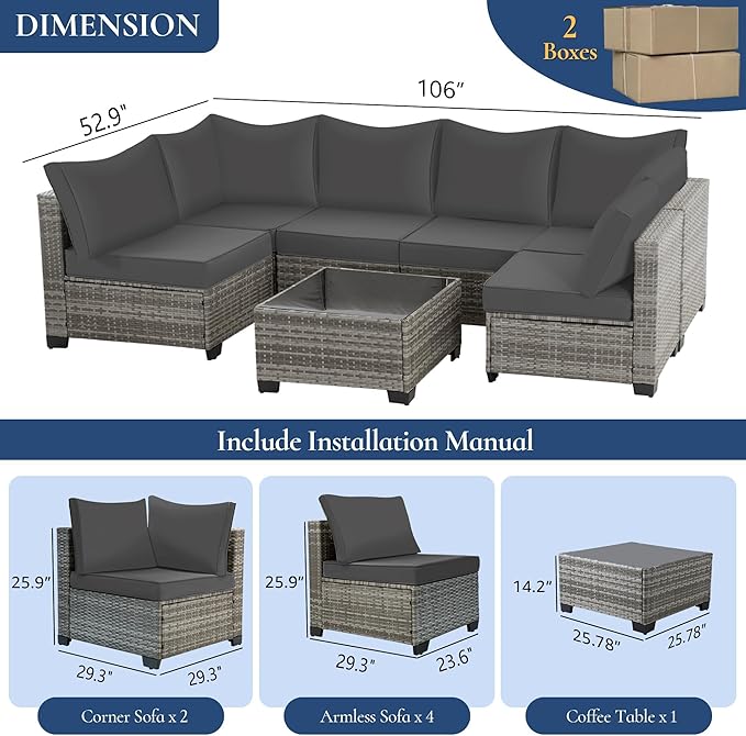 FHFO 7 Piece Outdoor Wicker Patio Furniture Set, Rattan Sectional Sofa Couch, Patio Conversation Set with Cushion & Coffee Table, for Backyard Poolside Porch Garden, Grey-Grey