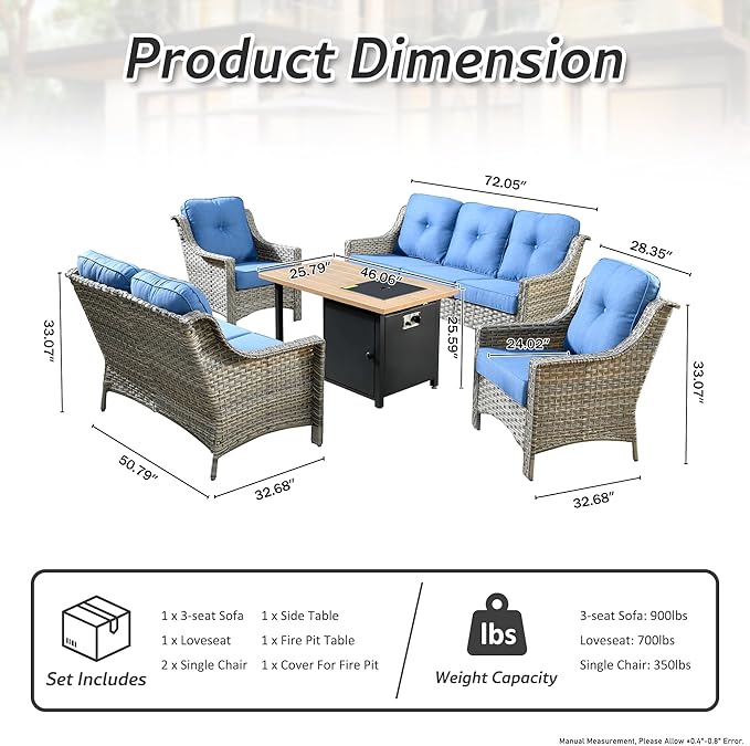 HOOOWOOO 5 Piece Patio Furniture Conversation Sets with Fire Pit Table,Outdoor Wicker Furniture,All Weather Resistant High Back Rattan Outside Furniture Patio Set(Diamond Blue)