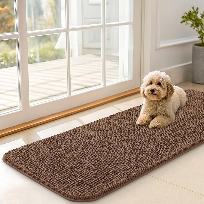 OLANLY Dog Door Mat for Muddy Paws 47x17, Absorbs Moisture and Dirt, Absorbent Non-Slip Washable Doormat, Quick Dry Chenille Mud Mat for Dogs, Entry Indoor Entryway Carpet for Inside Floor, Mocha by OLANLY