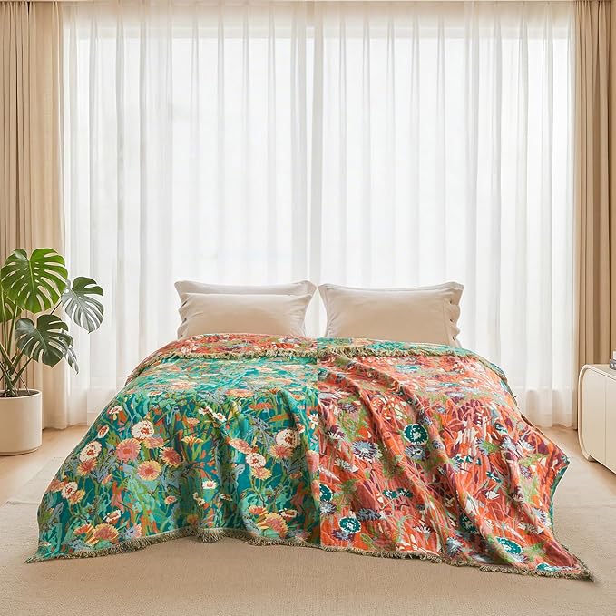 Boho Throw Blanket - 90"x90" 100% Cotton Ultra Soft Lightweight Spring Blanket, 4-Layer Breathable Muslin Blankets for Bed Couch, Reversible Green Floral Printed Bohemian Cotton Quilt