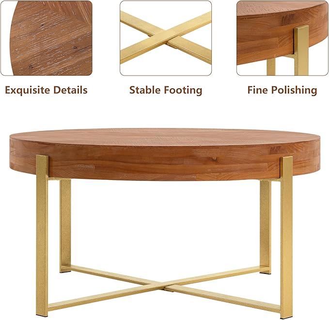 33.86" Round Coffee Table with X-Shaped Gold Metal Legs, Solid Wood Circle Table for Living Room, Retro Circular Table, Natural