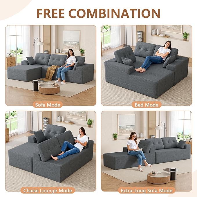 Ball & Cast 106" Cloud Modular Sectional Sofa, Boneless Chenille Couch with Deep Seat, Comfy L-Shaped Sectional, Modern Upholstered Sofa for Living Room, No Assembly (Gray, Left Facing Chaise)