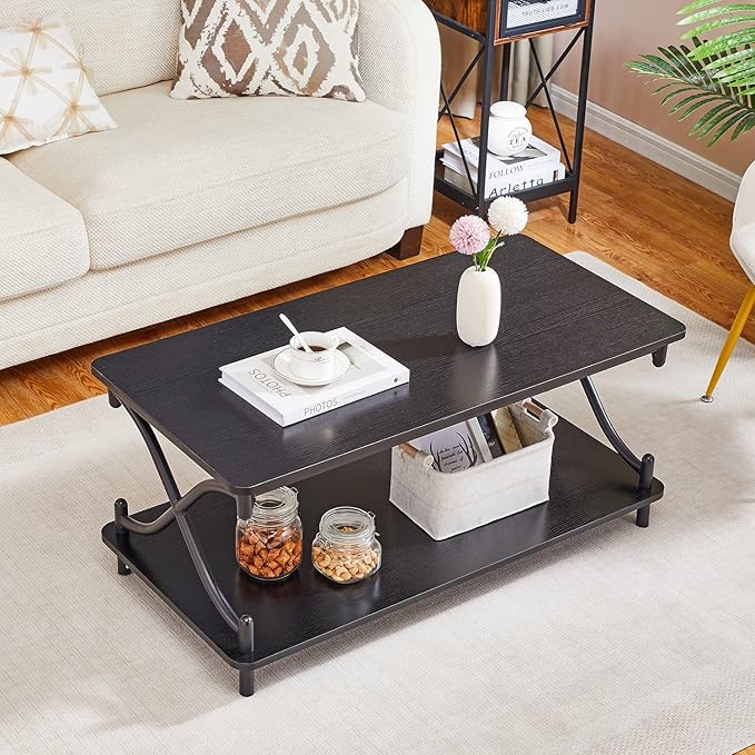 VECELO Coffee Table for Living Room with Round Corners Modern Farmhouse Center Table with Storage Shelf for Home Office 39 Inch, Easy Assembly, Classic Black
