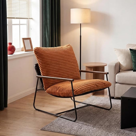 COSIEST Accent Chair for Living Room, Modern Armchair with Wood Arms, Retro Ribbed Upholstered Lounge Chair with Black Metal Frame, Comfy Reading Chair for Bedroom, Office, Brown