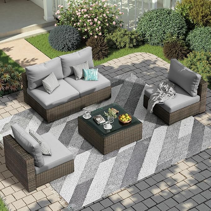 5 Piece Patio Furniture Set All Weather PE Rattan Outdoor Sectional Sofa Couch with No-Slip Cushions and Glass Top Table for Garden, Poolside, Backyard (Gray)