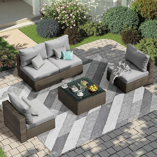 5 Piece Patio Furniture Set All Weather PE Rattan Outdoor Sectional Sofa Couch with No-Slip Cushions and Glass Top Table for Garden, Poolside, Backyard (Gray)