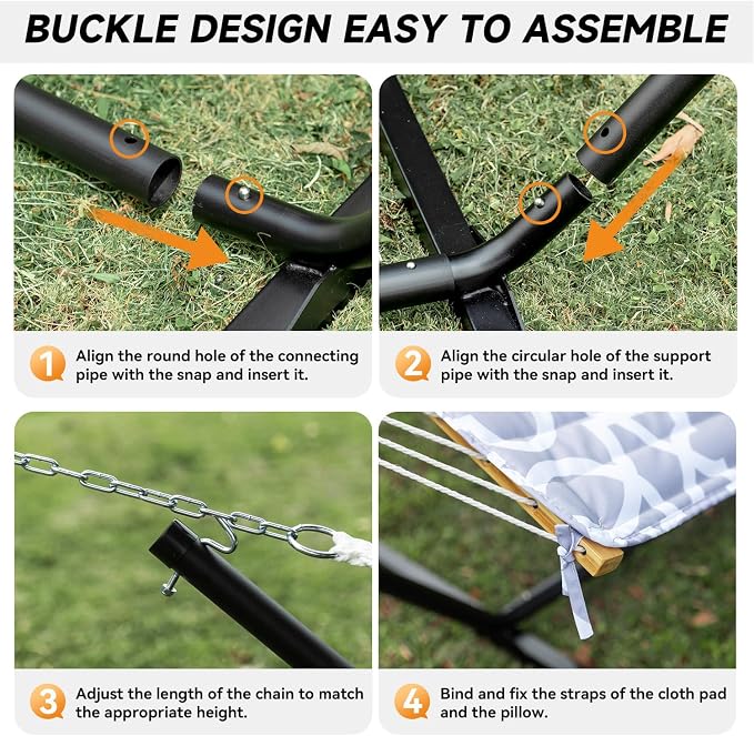 Everyfun 2 Person Outdoor Hammock with Stand, Cotton Rope Hammock with Polyester Pad, Adjustable Steel Frame, Portable with Carrying Bag – for Patio, Backyard, Garden, Beach, Cloud-Gray - Image 6