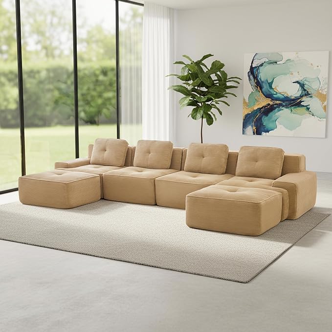 Casaphoria 150'' Camel Boneless Sectional Sofa, Corduroy 4-Seater Cloud Couch with 4 Pillows & 2 Ottomans for Living Room, U-Shaped Deep Seat Modular Sofa for Apartment, No Assembly