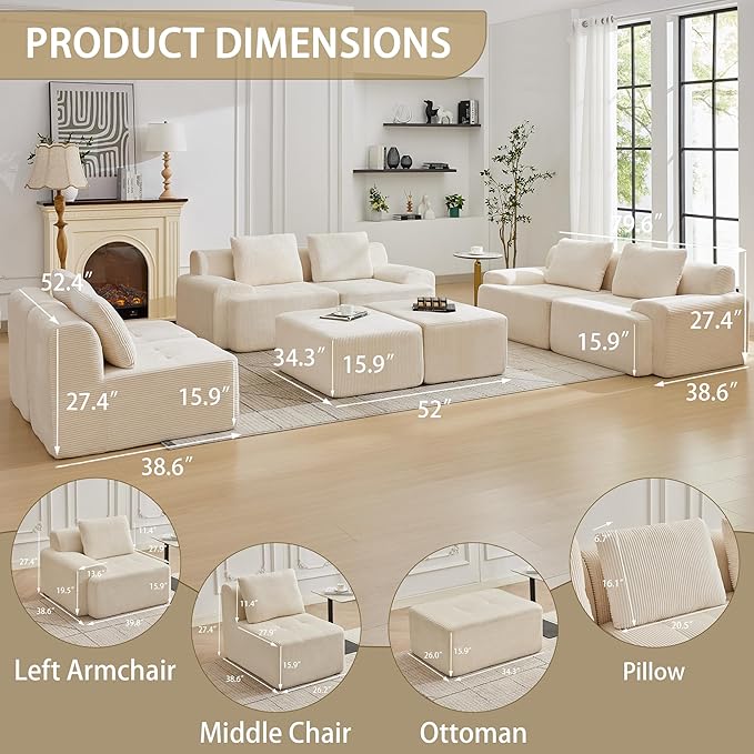 Modular Sectional Sofa with Movable Ottoman, 6 Seat Deep Seat Couch with 6 Pillows, Comfy Cloud Sectional Sofa for Living Room, Bedroom and Apartment (White, 2 Left+2 Right+2 Middle+2 Ottoman)
