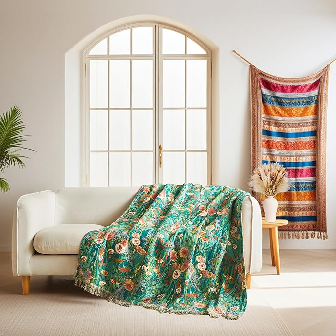 LUTBM Boho Throw Blanket for Bed Cotton Spring Blankets Twin Size for Bedroom Living Room All Season Lightweight Floral Embroidery Reversible Quilt for Couch Sofa Chair 60"x80" Home Decor