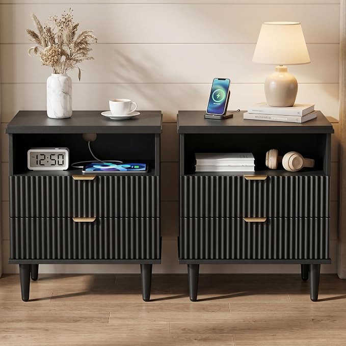 Black Nightstand with Charging Station for Bedroom, Fluted Wooden Bedside Table with 2 Drawers, Open Storage, Gold Metal Handles, Modern End Table Set 1 - Image 8