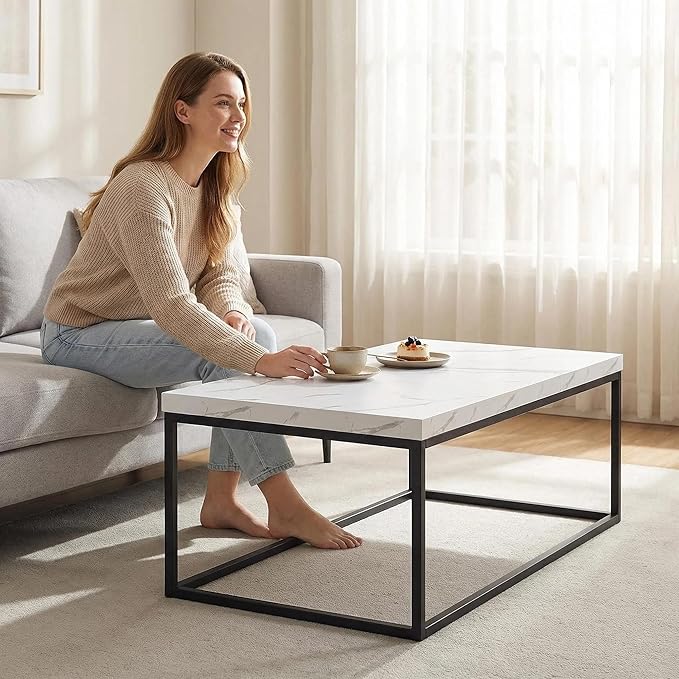 CENSI 47-Inch White Marble Coffee Table Ottoman Center Table for Living Room, Rectangle Modern Industrial Style,Wood and Metal (Marble)