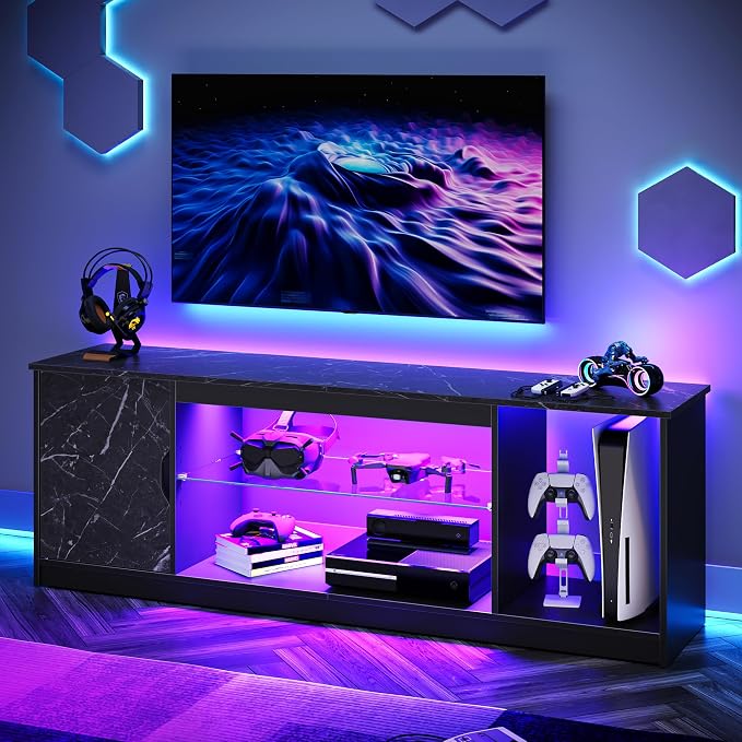 Bestier LED TV Stand for 55/60/65 Inch TV, Gaming Entertainment Center with Cabinet for PS5, Xbox,Modern TV Cabinet with Adjustable Glass Shelves for Living Room, Bedroom 57 Inch,Black Marble by Bestier