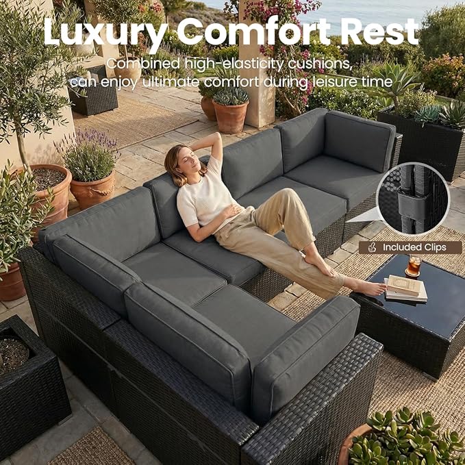 10 Pieces Patio Furniture Set with 44" Propane Gas Fire Pit Table, Outdoor Sectional Wicker Conversation Sofa Sets with Coffee Table