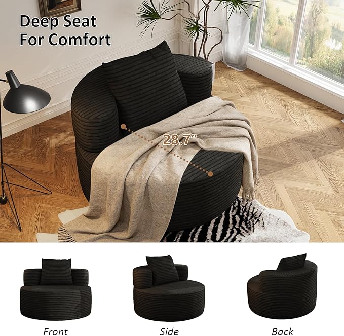 37.4" Boneless Round Chair, Oversized Chaise Lounge Cloud Chair Indoor, Upholstered Corduroy Deep Seat Sofa Accent Chair, No Assembly Required, for Living Room Bedroom Apartment