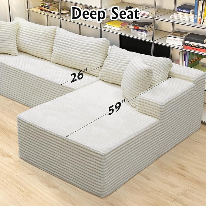 White sectional couches for Living Room Corduroy Couch，104" Cloud Sectional Couch with L-Shape Chaise， Modern Modular Sofa, Deep Seat Comfort, No Assembly Required(Plush Corduroy Fabric)