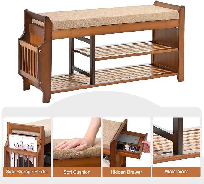 PETKABOO Shoe Bench with Hidden Drawer and Side Holder, 2 Tier Entryway Bench with Storage 39.4 in, Bamboo Shoe Rack with Cushion for Entryway Hallway Living Room Bedroom - Image 9