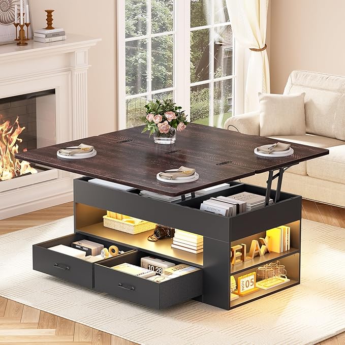 Itaar Lift Top Coffee Table, 4 in 1 Coffee Tables with Storage and Hidden Compartment, Farmhouse Coffee Table with 2 Fabric Drawers & LED Light for Living Room, Black
