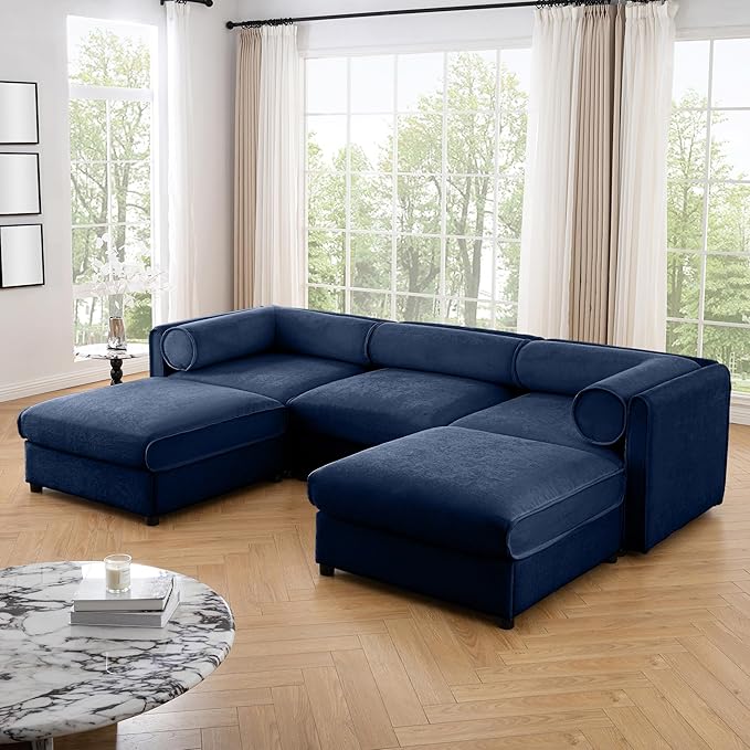 KEIKI 109" U-Shaped Modular Chenille Sectional Sofa with Storage Seat, 2 Ottoman, Modern 3-Seater Couch with Cylindrical Backrest and Armrests, Easy Assembly, for Apartment, Living Room, Blue