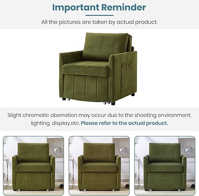 Ball & Cast 31.5" Futon Sofa-Bed,Convertible Pull Out Couch with Storage Basket,Sleeper Sofabed W/Adjustable Backrest and Side Pocket,Chaise Lounge for Living Room,Chenille Fabric,Green