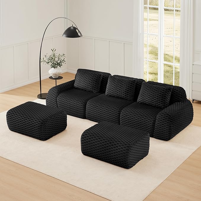 114" U-Shaped Compressed Sectional Cloud Sofa, Flannel Upholstered Modular Deep Seat Sofa with 5 Pieces, Symmetrical Boneless Foam Modular Cloud Couches for Living Room