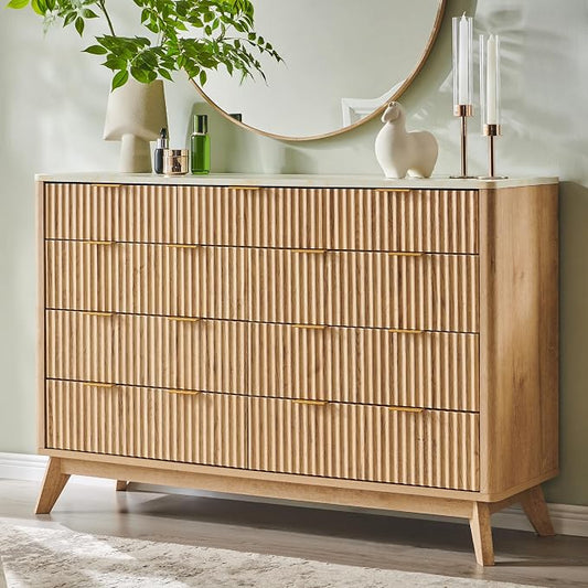 T4TREAM Fluted 9 Drawer Dresser, Modern Chest of Drawers with Faux Marble Top, Curved Profile Design, Dresser TV Stand, Wood Drawer Organizer for Bedroom, Living Room, Hallway, Natural Oak by T4TREAMFurniture