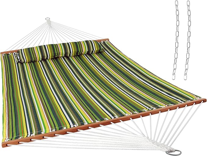 Sunnydaze Quilted Double Hammock for Outside with Spreader Bars and Pillow - 450 lb Capacity, 74x55 Inch Bed, UV Resistant, Quick Dry - Chains Included, Stand Sold Separately - Melon Stripe by SunnydazeDecor