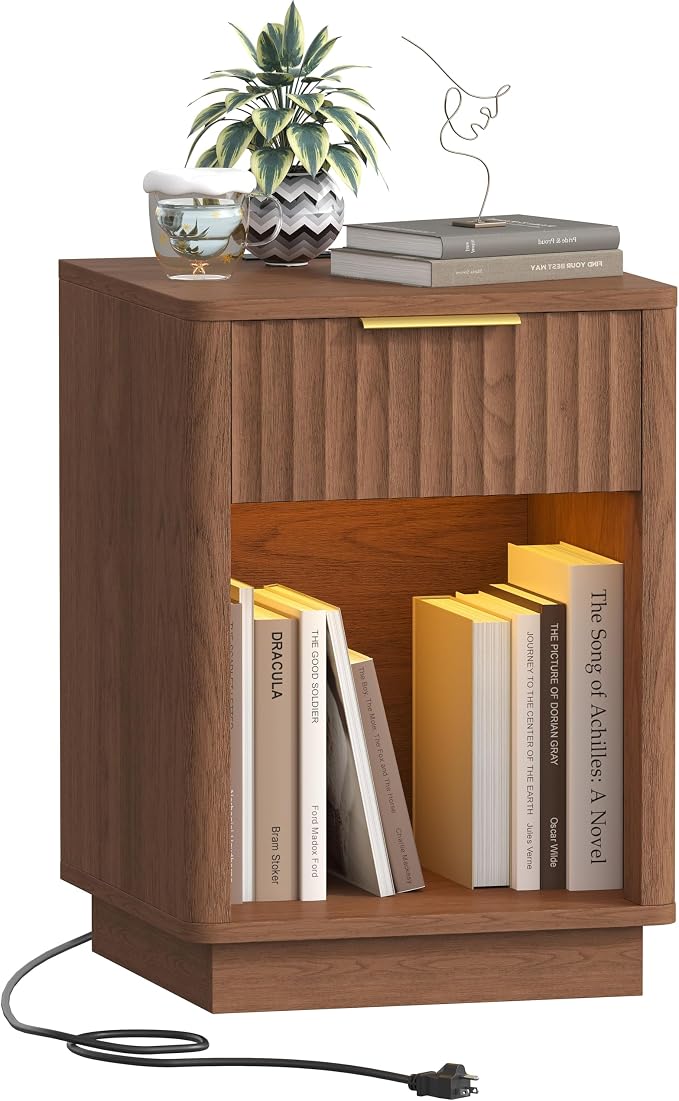 Akxomel Fluted Nightstand, Wooden Night Stand with Charging Station and LED Light, Modern Mid Century End Table with Drawer, 15" D x 15.7" W x 22.6" H, for Bedroom, Walnut by Akxomel
