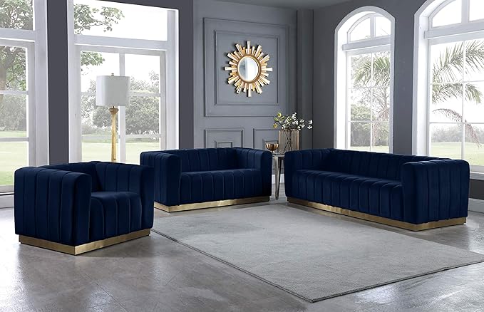 Meridian Furniture 603Navy-L Marlon Collection Modern | Contemporary Velvet Upholstered Loveseat with Deep Channel Tufting, Stainless Steel Base in a Brushed Gold Finish, Navy, 62.5" W x 34" D x 28" H