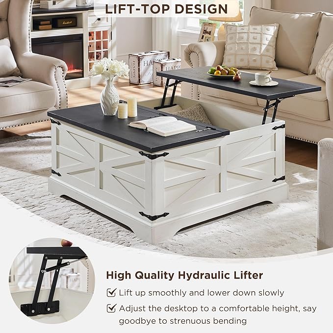 JXQTLINGMU 36" Farmhouse Lift Top Coffee Table with Storage, Wood Square Center Table with Large Hidden Compartment, Rustic Lift Tabletop Dining Table for Home Living Room, White