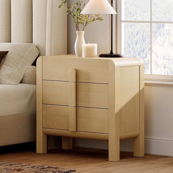 WAMPAT Nightstands Set of 2, Large Nightstands with 3 Drawers, Modern 31.5" Tall Wooden End Tables with Storage, Oak Nightstands Bedside Tables with Curved Design for Bedroom - Image 4