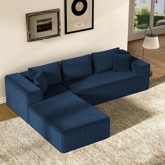 106" Modular Sectional Sofa, Blue Corduroy Cloud Couch with Right Chaise, Deep Seat Boneless Floor Sofa for Living Room, High-Resilience Foam Support, No Assembly Required, Includes Pillows | Sectional Sofa, Corduroy Cloud, Boneless, High-Resilience, N...