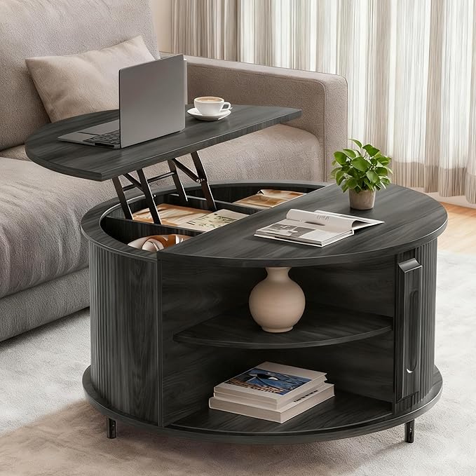 Round Lift Top Coffee Table, 31.5" Fluted Wood Accent Coffee Table with 180° Curved Sliding Door, Hidden Storage, Mid Century Modern Center Table for Living Room Office Small Spaces, Black