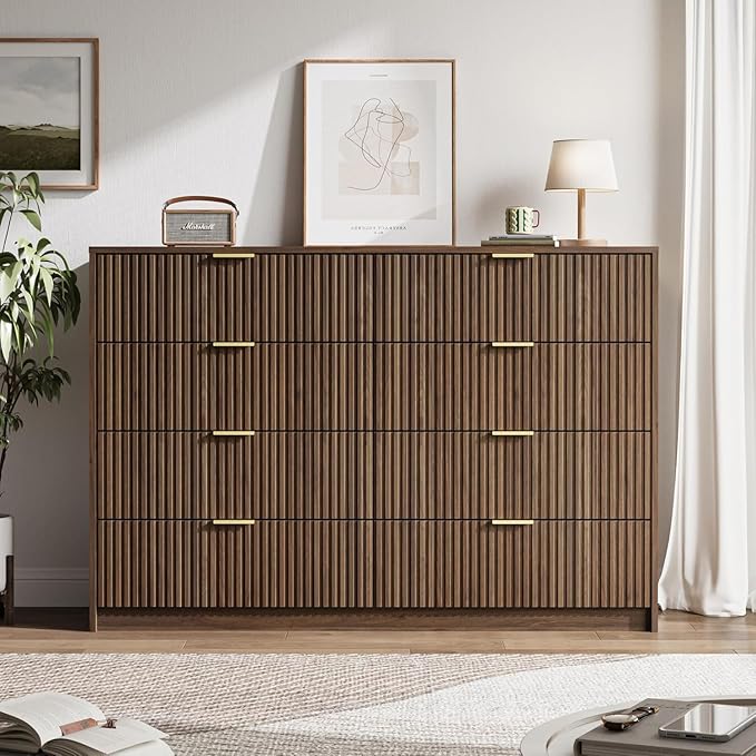 MAISONARIA 3-Piece Dresser Bedroom Set, 8 Drawer Dresser & 2 Drawer Nightstands with Gold Handles, Fluted Wood Chest of Drawers for Bedroom, Living Room, Entryway, Walnut