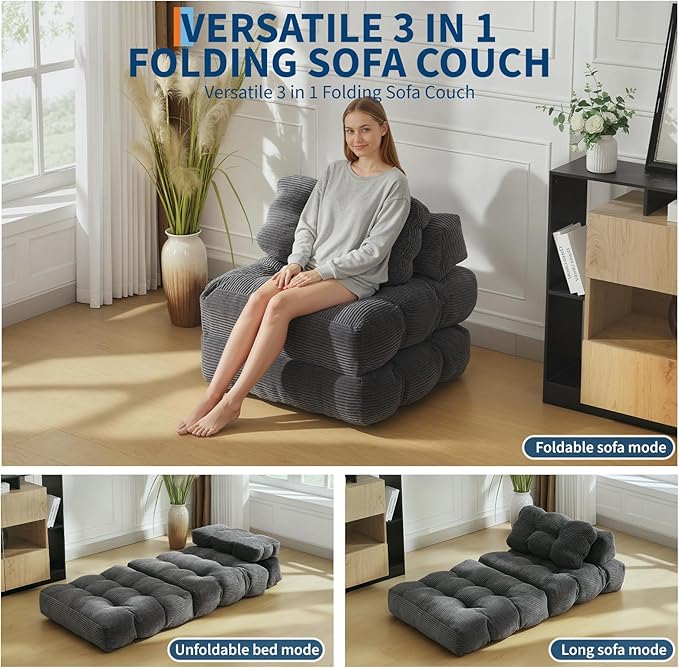 Folding Sofa Bed, Convertible Sleeper Chair with Pillow Foldable Matress with Back Support, Portable Fold Out Chair Bed Comfy Floor Sofa Lounge for Living Room Bedroom, Gray, Single