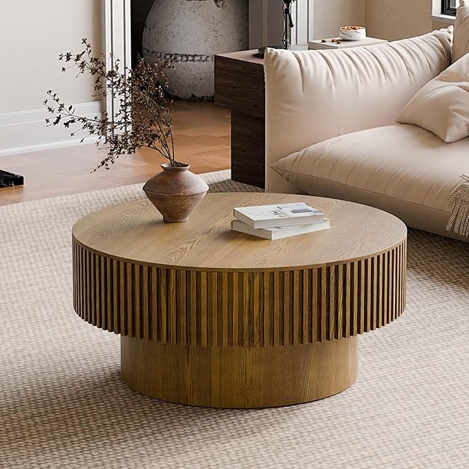 Round Coffee Table with Storage, Modern Wooden Coffee Table with Solid Wood Veneered, Circle Center Table Accent Tea Table for Living Room Apartment Small Space (31.5''L × 31.5''W × 14''H, Brown)