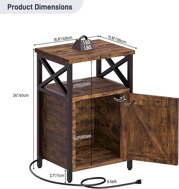 runjuly Wooden Nightstand with Lock, Bedside Table with Drawer, Bed Side Table with Charging Station, 3 USB & 2 Outlets, Night Stand with Storage Cabinet, End Table for Bedroom, Brown - Image 3