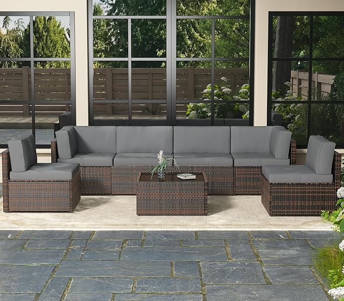 AECOJOY 7 Piece Outdoor Patio Furniture Set, Outdoor Sectional Conversation Furniture Chair with Coffee Table,Patio Sectional for Garden,Backyard(Dark Grey Cushions and Brown PE Rattan)