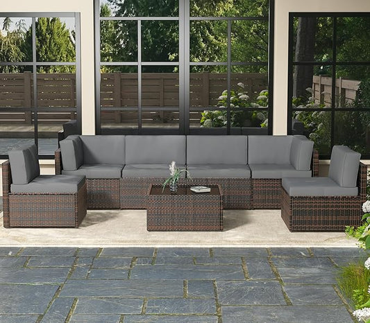 AECOJOY 7 Piece Outdoor Patio Furniture Set, Outdoor Sectional Conversation Furniture Chair with Coffee Table,Patio Sectional for Garden,Backyard(Dark Grey Cushions and Brown PE Rattan)