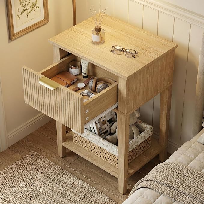 Modern Fluted Small Wood Nightstand, 11.8" Deep x 15.4" Narrow Bedside Table with Drawer & Open Shelf, Boho Scandinavian Accent End Table for Bedroom & Sofa - Oak - Image 2