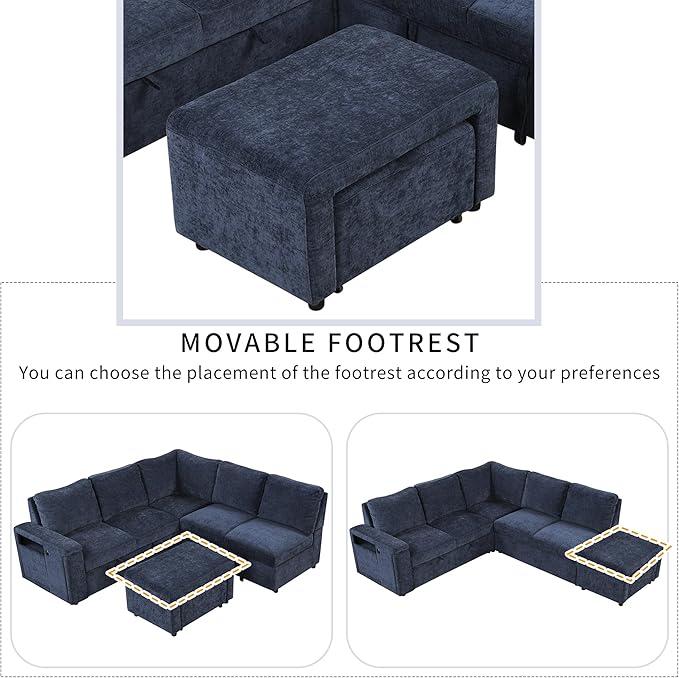 Merax L-Shaped Modular Sectional Sofa with Removable Storage Ottoman, USB Ports and Cup Holder, 6-Seats Upholstered Couch & Armrest, Free Combination Indoor Furniture for Living Room, Apartments, Blue